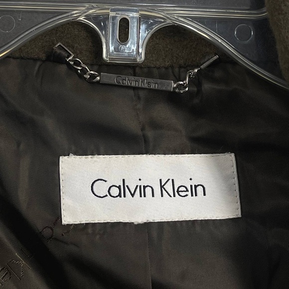 Calvin Klein Angora Wool Blend Trench Coat Olive Green Sz L - Picture 13 of 14